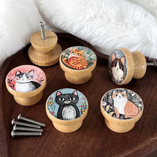 6個入り ボヘミアンスタイル 猫イラスト 木製家具ハンドル - ハンドメイド ビーチウッド 引き出し用プル