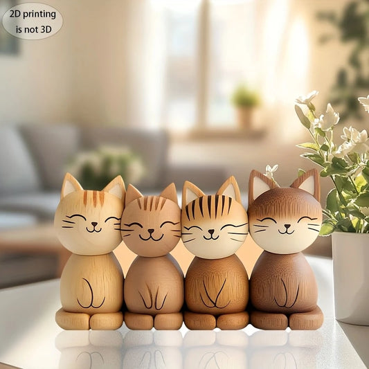 2D フラット] 1pc 木製 2D フラット プリント かわいい猫の像セット、手作り、4個